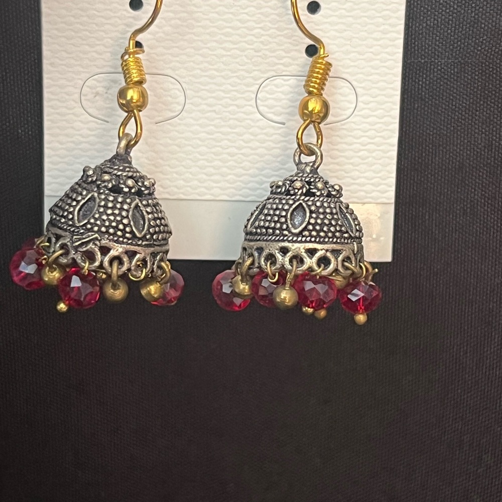Elegant Silver Filigree Red Jhumka  Chandelier Earrings with Gold Red Beads